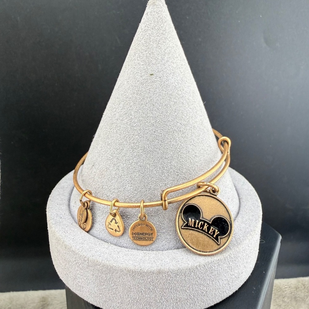 Vintage Alex and Ani Disney Bangle Bracelet Gold Mickey Mouse Charm 7.5in